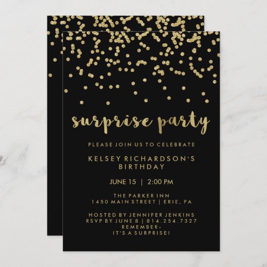 Imitats Gold Confetti zum Black Surprise Party Einladung (Vorne/Hinten)
