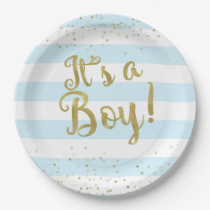 Imitats Gold Foil Blue Stripes Kinderdusche Junge Pappteller