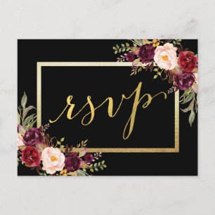 Imitats Gold Foil Burgundy Floral Black Wedding RS Postkarte