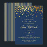 Imitats Gold Foil Confetti Navy Blue Bar Mitzvah Einladung<br><div class="desc">Mit dieser eleganten marineblauen und goldenen Einladung laden Sie Familie und Freunde zur Bar Mitzvah Ihres Sohnes ein. Es zeigt Imitate goldene Konfetti Punkte und Streifen Muster. Personalisieren Sie diese durch Hinzufügen von Namen,  Datum,  Uhrzeit,  Veranstaltungsort und anderen Veranstaltungsdetails. Matching-Elemente sind verfügbar.</div>