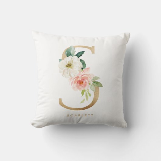Imitats Gold Foil Floral Letter S Monogram Kinderz Kissen (Vorderseite)