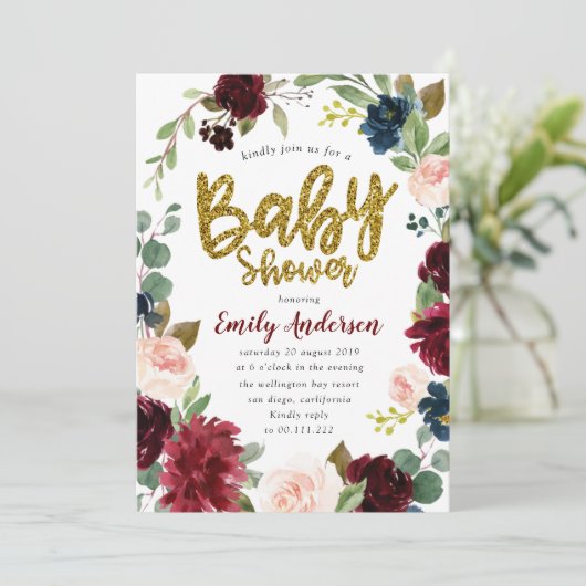 Imitats Gold Glitzer Bordeaux Blumendusche Einladung (Stehend Vorderseite)