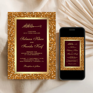 Imitats Gold Glitzer Burgund Islamische Hochzeit Einladung