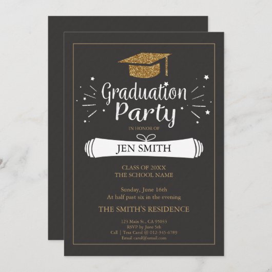 Imitats Gold Glitzer Cap Graduation Party Einladun Einladung (Vorne/Hinten)
