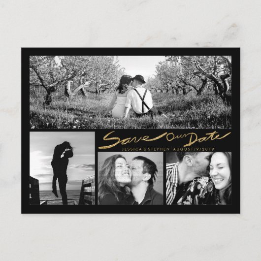 Imitats Gold Glitzer Handwrite Rett unser Datum Po Ankündigungspostkarte (Vorderseite)