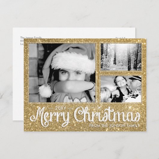 Imitats Gold Glitzer Merry Xmas 3 Foto Postkarte (Vorne/Hinten)