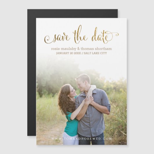 Imitats Gold Glitzer Script Save the Date Magneteinladung (Vorne/Hinten)
