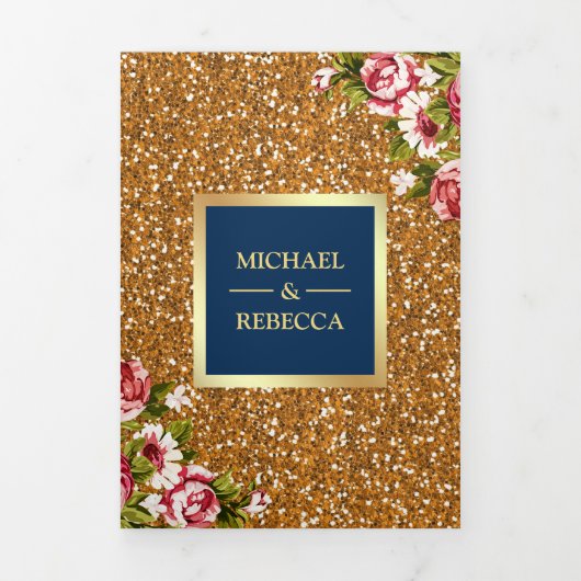 Imitats Gold Glitzer Sparkle Blues Navy Blue Weddi Dreifach Gefaltete Einladung (Cover)