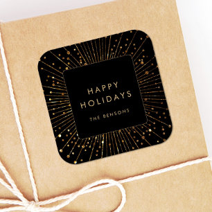 Imitats Gold Glitzer Sunburst Happy Holidays Squar Quadratischer Aufkleber
