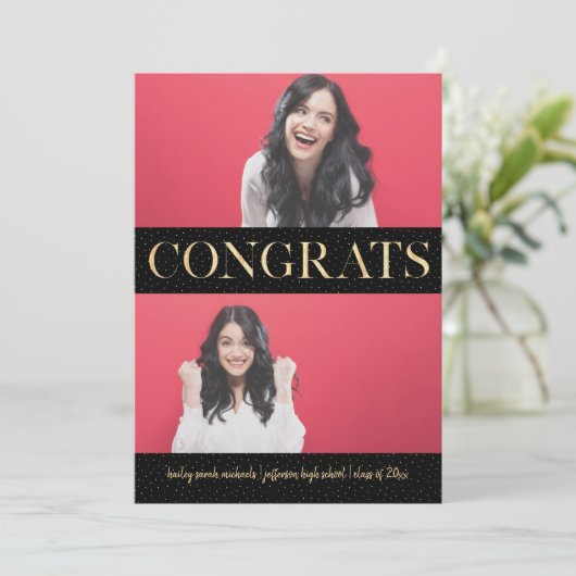 Imitats Gold Glückwunschs Drei Foto Graduierungspa Einladung (Stehend Vorderseite)