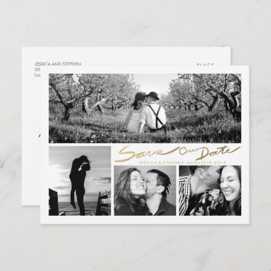 Imitats Gold Handwrite Rettete unser Datum White P Ankündigungspostkarte (Vorne/Hinten)