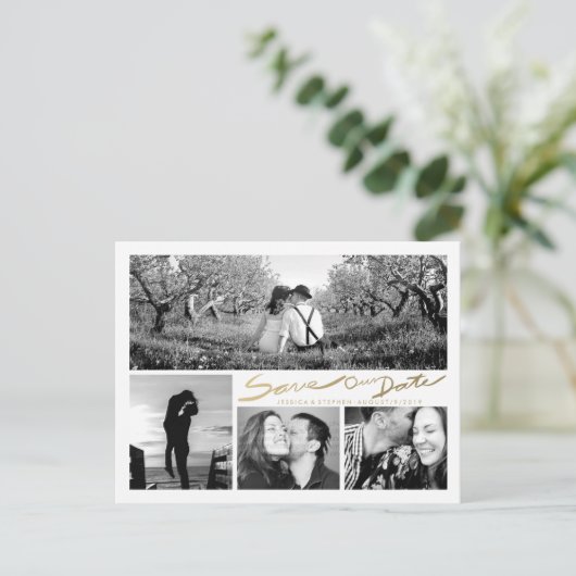 Imitats Gold Handwrite Rettete unser Datum White P Ankündigungspostkarte (Stehend Vorderseite)