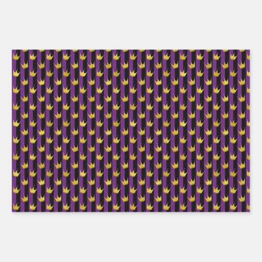 Imitats Gold Kronen Lila Schwarzer Streifen Mardi  Geschenkpapier Set (Vorderseite 2)