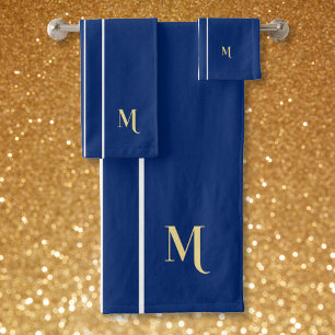 Imitats Gold Monogram Navy White Racing Stripes Badhandtuch Set