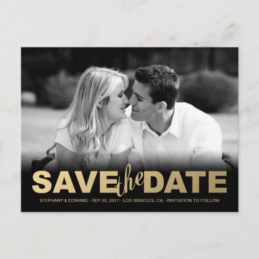Imitats Gold Save the Date Foto Postkarte (Vorderseite)