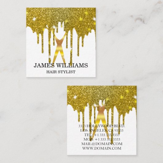 Imitats Gold Scissors Hair Stylist Tropfen Quadratische Visitenkarte (Vorne/Hinten)