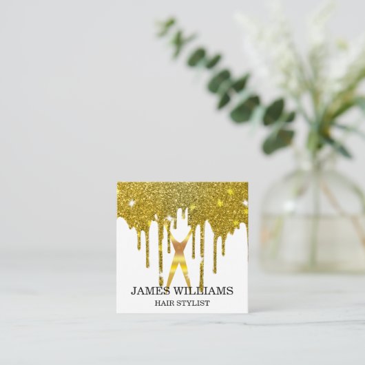 Imitats Gold Scissors Hair Stylist Tropfen Quadratische Visitenkarte (Stehend Vorderseite)