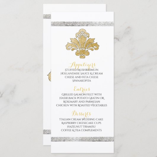 Imitats Gold/Silver Damask Hochzeitsessen Schwarze Menükarte (Vorne/Hinten)