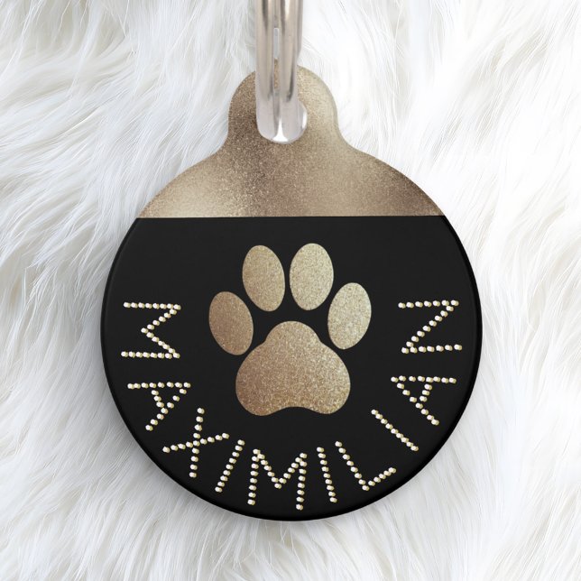Imitats Gold Sparkle Diamante Wirkung Cooler Hund Haustiermarke (A faux gold name tag for your pet dog, with glitter-effect pawprint and faux diamante letters)