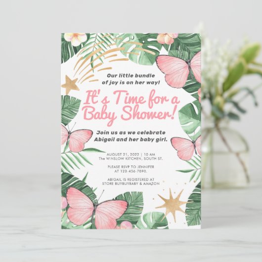 Imitats Gold Star & Pink Butterfly Girl Babydusche Einladung (Stehend Vorderseite)