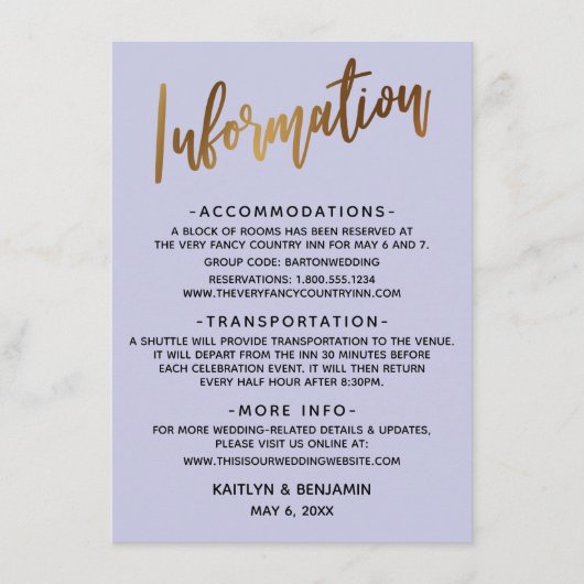 Imitats Gold Typografy Lavender Wedding Informatio Begleitkarte (Vorderseite)