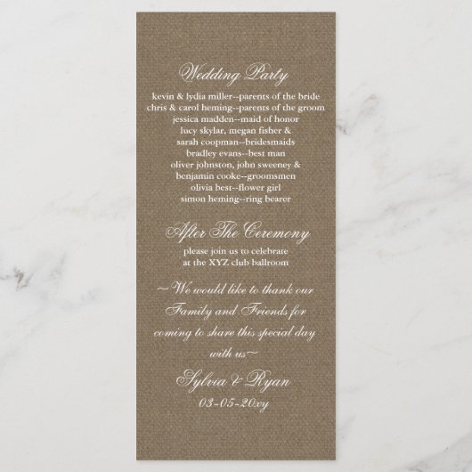 IMITATS Hochzeitsprogramm für Burlap und Marinesol Programm (Rückseite)