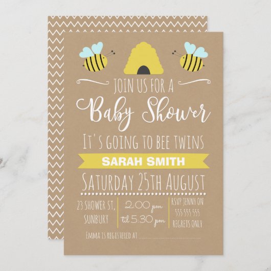 Imitats Kraft Twins Busy Bee Baby Dusche Einladung (Vorne/Hinten)