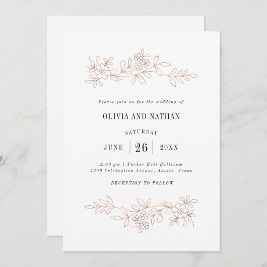 Imitats Rose Gold Botanische Linienzeichnungen | H Einladung (Vorne/Hinten)