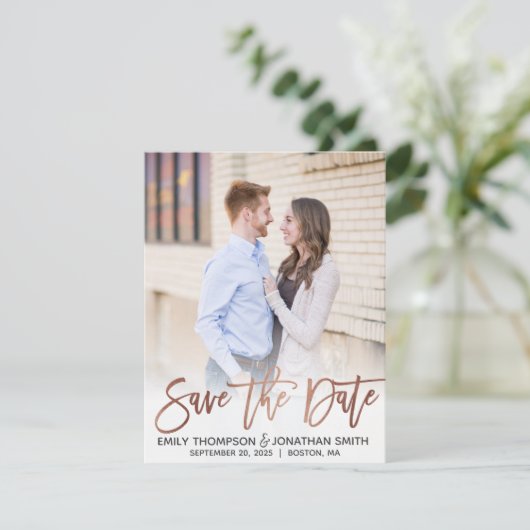 Imitats Rose Gold Foil Script Foto Save the Date (Stehend Vorderseite)
