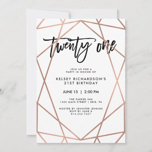 Imitats Rose Gold Geometric | 21. Geburtstag Party Einladung (Vorderseite)