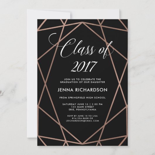 Imitats Rose Gold Geometric auf Black Graduation P Einladung (Vorderseite)