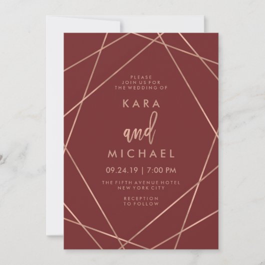 Imitats Rose Gold Geometric | Burgundy Wedding Einladung (Vorderseite)