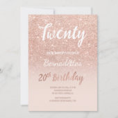 Imitats Rose Gold Glitzer 20. Geburtstag Einladung (Vorderseite)