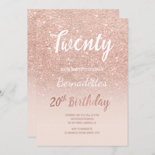 Imitats Rose Gold Glitzer 20. Geburtstag Einladung (Vorne/Hinten)