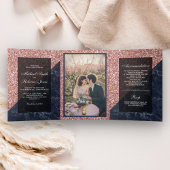 Imitats Rose Gold Glitzer Blue Marble Wedding Foto Dreifach Gefaltete Einladung