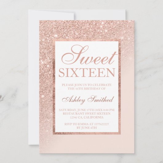 Imitats Rose Gold Glitzer eleganter Sweet 16 Seite Einladung (Vorderseite)