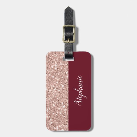 Imitats Rose Gold Glitzer mit Burgund Gepäckanhänger (Vorderseite vertikal)