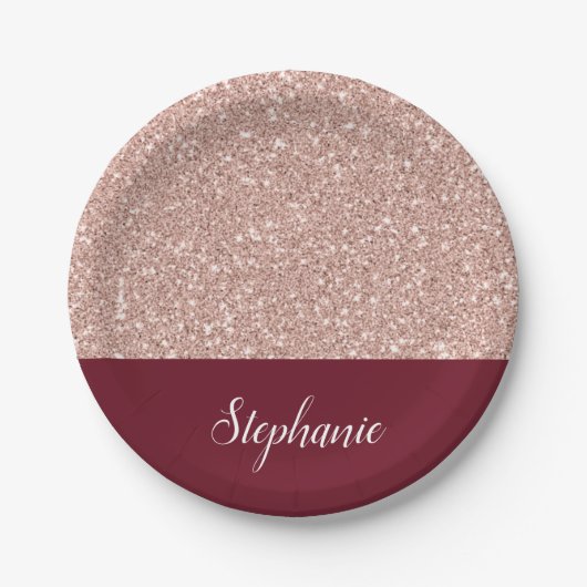 Imitats Rose Gold Glitzer mit Burgund Pappteller (Vorderseite)