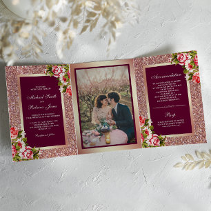 Imitats Rose Gold Glitzer Sparkle Rosa Blumenzwies Dreifach Gefaltete Einladung