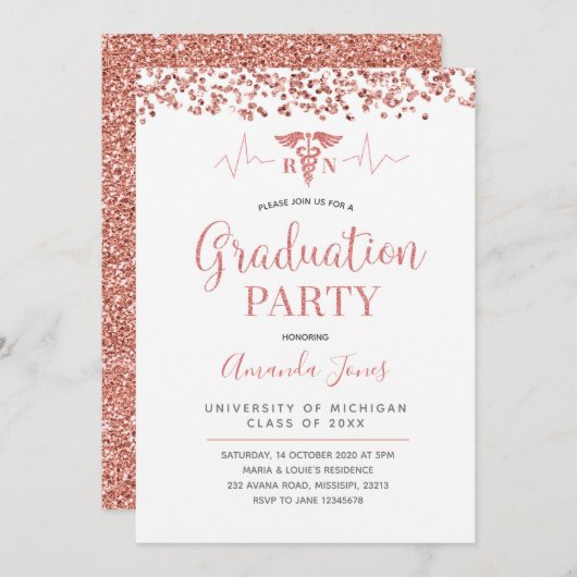 IMITATS ROSE GOLD RN Nurse Graduation Party Einladung (Vorne/Hinten)