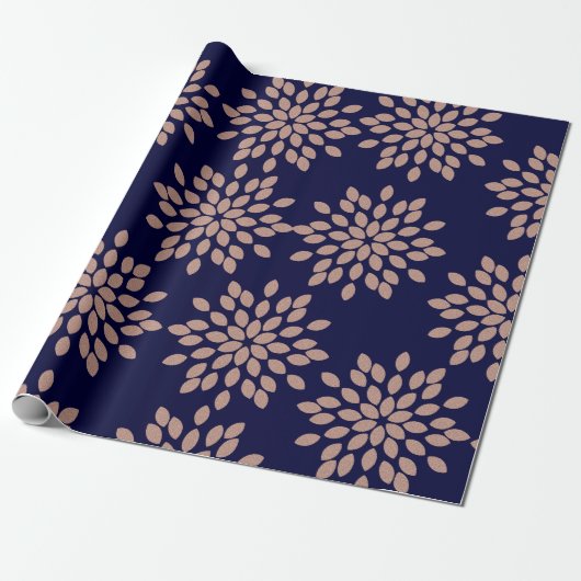 Imitats Rose Gold und Navy Blue Floral Muster Geschenkpapier (Ungerollt)