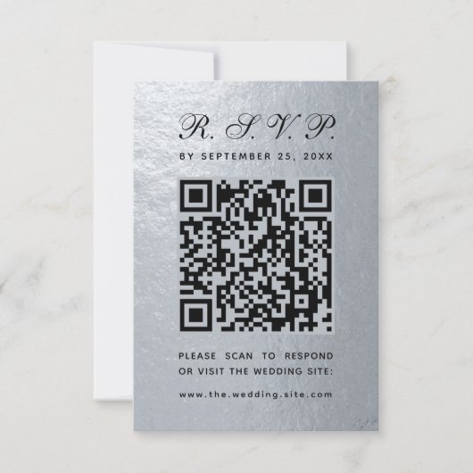 Imitats Silver Foil QR Code Schwarzes Skript Hochz RSVP Karte (Vorderseite)