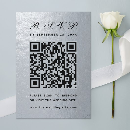 Imitats Silver Foil QR Code Schwarzes Skript Hochz RSVP Karte