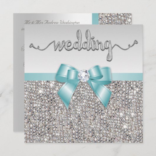 Imitats Silver Sequins Aquamarin Blue Bow Wedding Einladung (Vorne/Hinten)