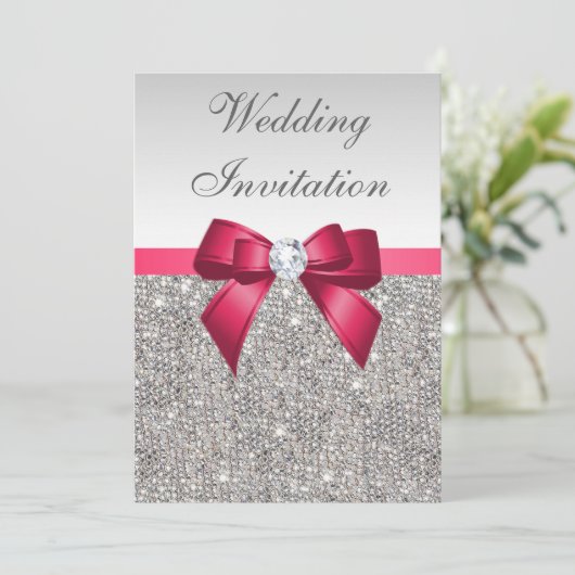 Imitats Silver Sequins Diamonds & Bow Wedding Einladung (Stehend Vorderseite)