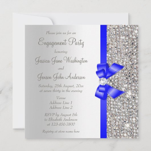 Imitats Silver Sequins Royal Blue Bow Verlobung Einladung (Rückseite)