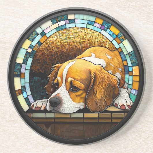 Imitats Stached Glass Cavalier King Charles Spanie Getränkeuntersetzer (Vorne)