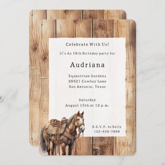 Imitats Wood Western Cowboy Cowgirl Horse Geburtst Einladung (Vorne/Hinten)