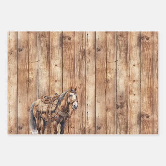 Imitats Wood Western Cowboy Cowgirl Horse Geburtst Geschenkpapier Set (Vorderseite)