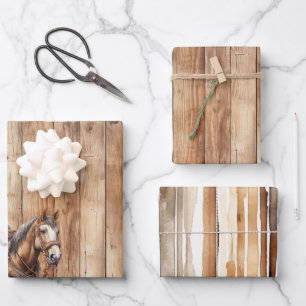 Imitats Wood Western Cowboy Cowgirl Horse Geburtst Geschenkpapier Set